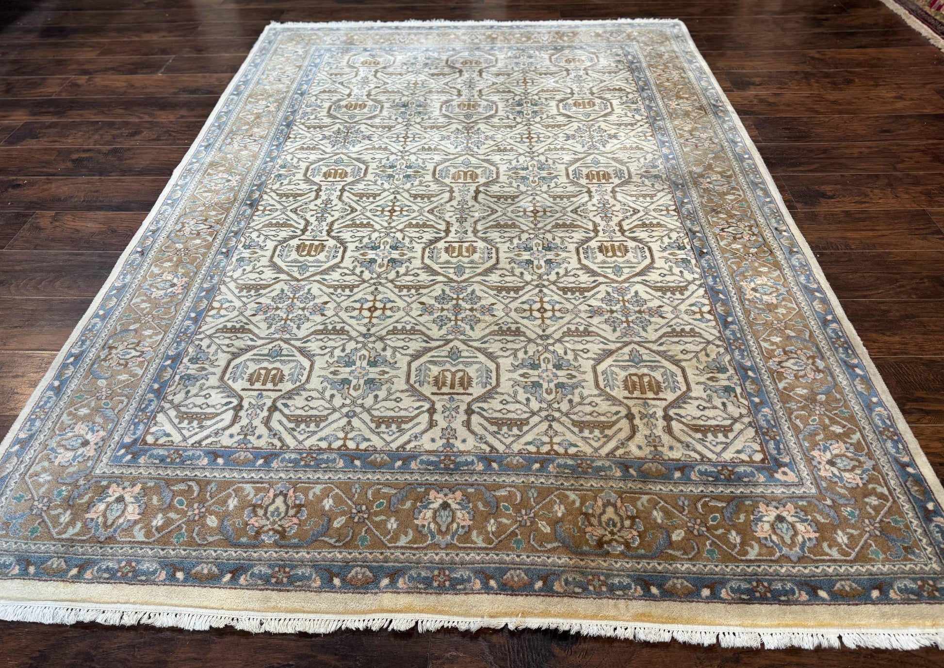 Indo Persian Rug 6x9, Beige, Allover Pattern, Vintage Wool Oriental Carpet - Nuvé