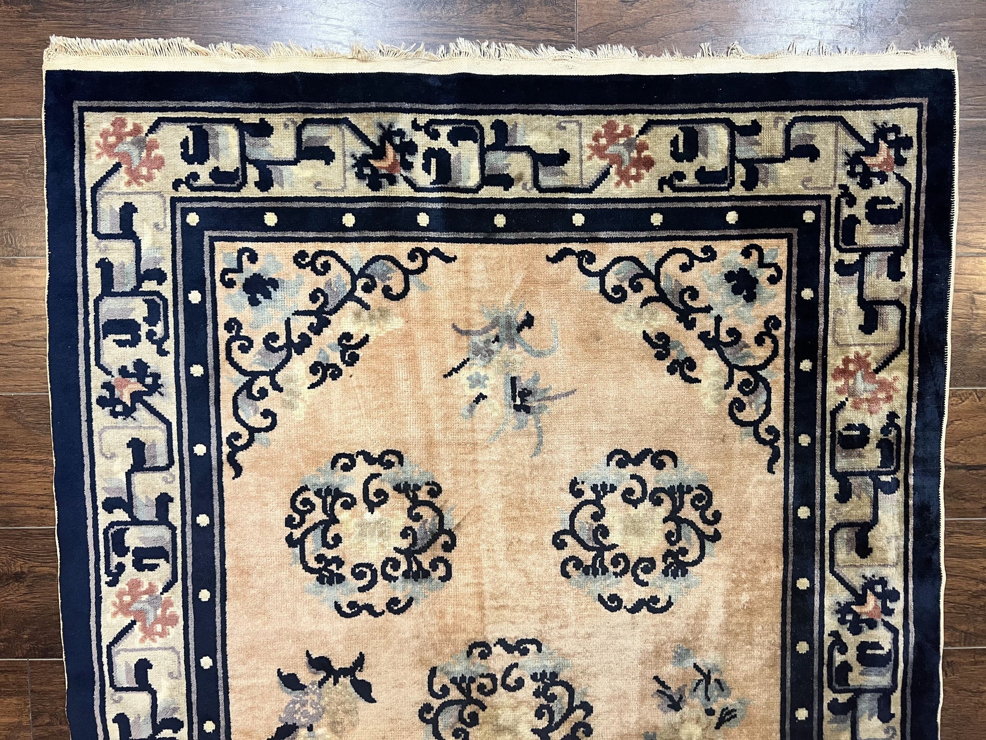 Chinese Peking Rug 4x6, Wool Hand Knotted Handmade Vintage Semi Antique Carpet, Semi Open Field, Light Peach & Navy Blue, Art Deco Rug - Nuvé