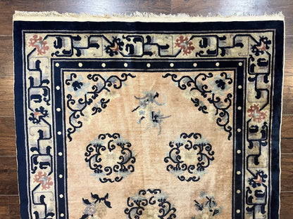 Chinese Peking Rug 4x6, Wool Hand Knotted Handmade Vintage Semi Antique Carpet, Semi Open Field, Light Peach & Navy Blue, Art Deco Rug - Nuvé
