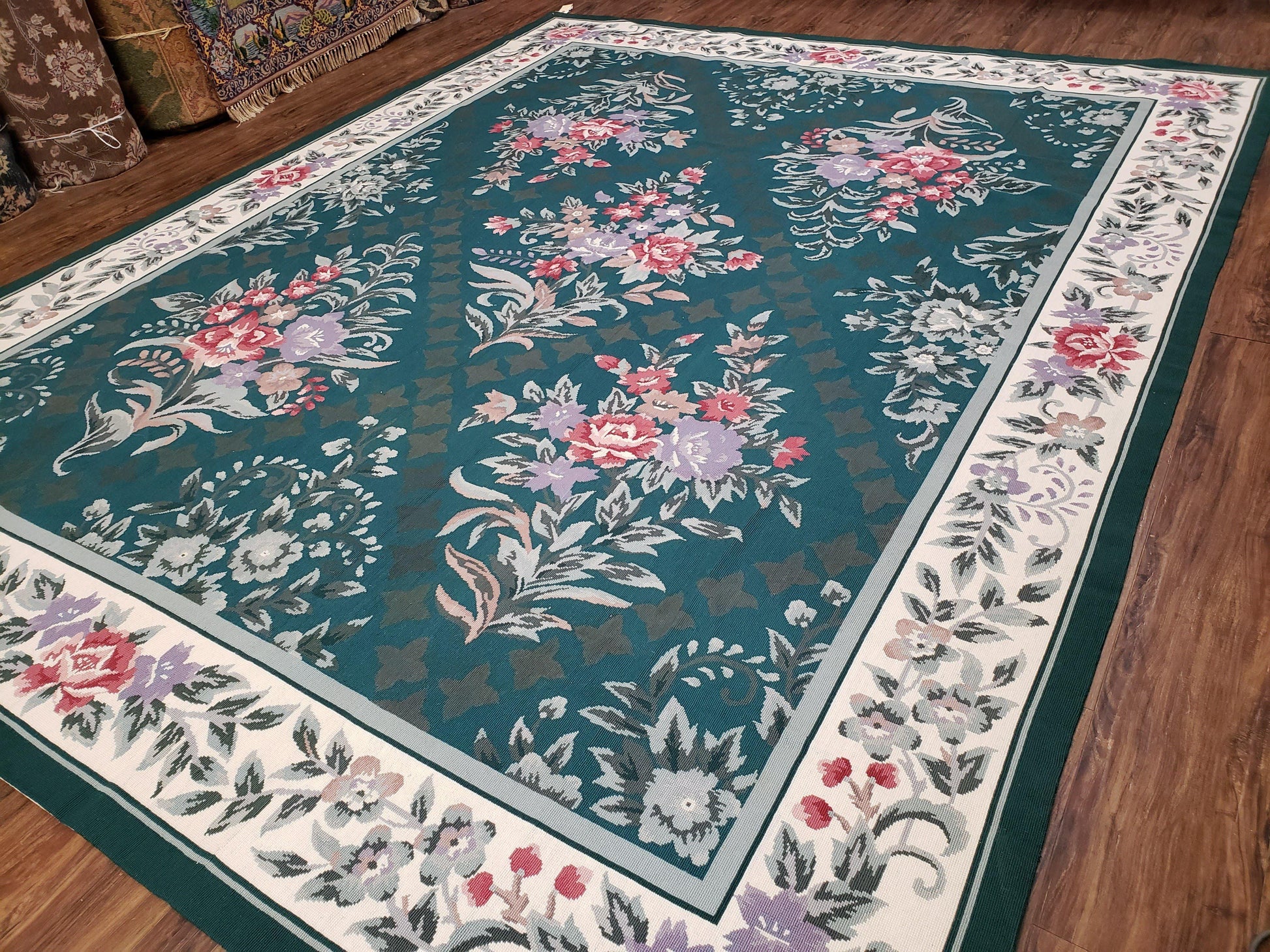 Chinese Needlepoint Rug 8x10, Vintage Green Area Rug, Hand-Woven Flatweave Floral European Design Carpet Wool Handmade 8x 10 Living Room Rug - Nuvé