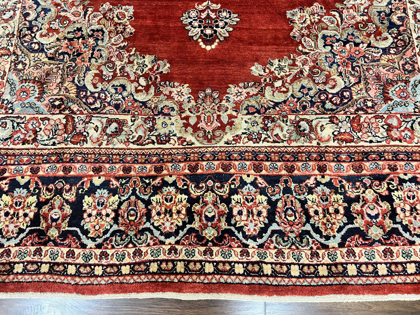 Persian Sarouk Rug 11x14, Semi Open Field, Large Antique Persian Wool Handmade Carpet, Red and Dark Blue, Floral - Nuvé