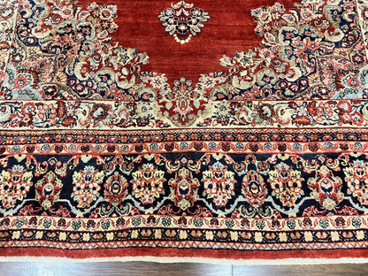 Persian Sarouk Rug 11x14, Semi Open Field, Large Antique Persian Wool Handmade Carpet, Red and Dark Blue, Floral - Nuvé