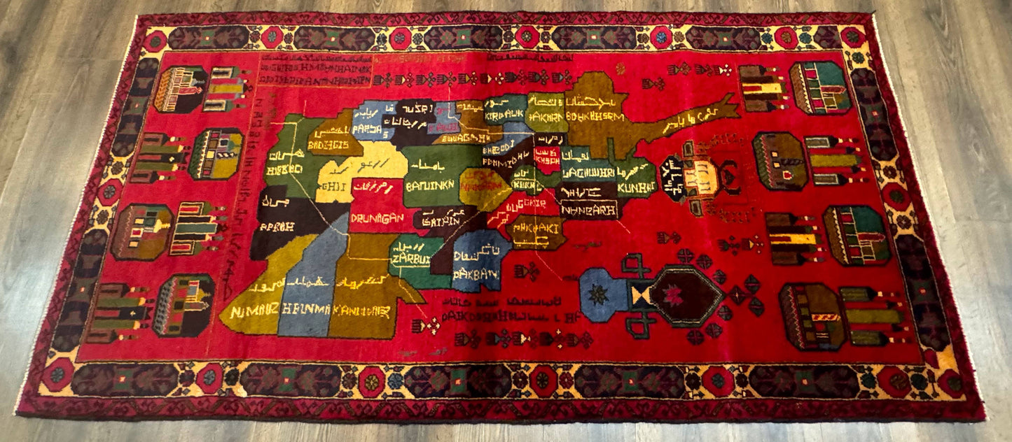 Red Afghan Balouch Rug 3x7, Tribal, Map of Afghanistan Depiction, Handmade, New - Nuvé