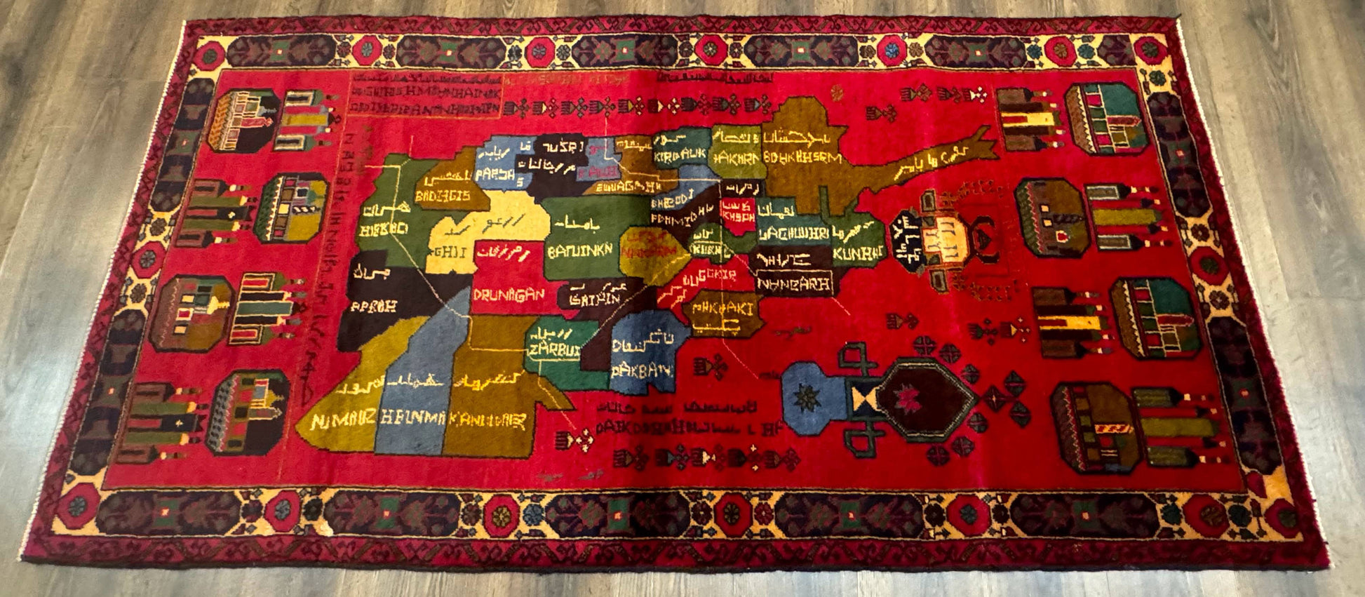 Red Afghan Balouch Rug 3x7, Tribal, Map of Afghanistan Depiction, Handmade, New - Nuvé