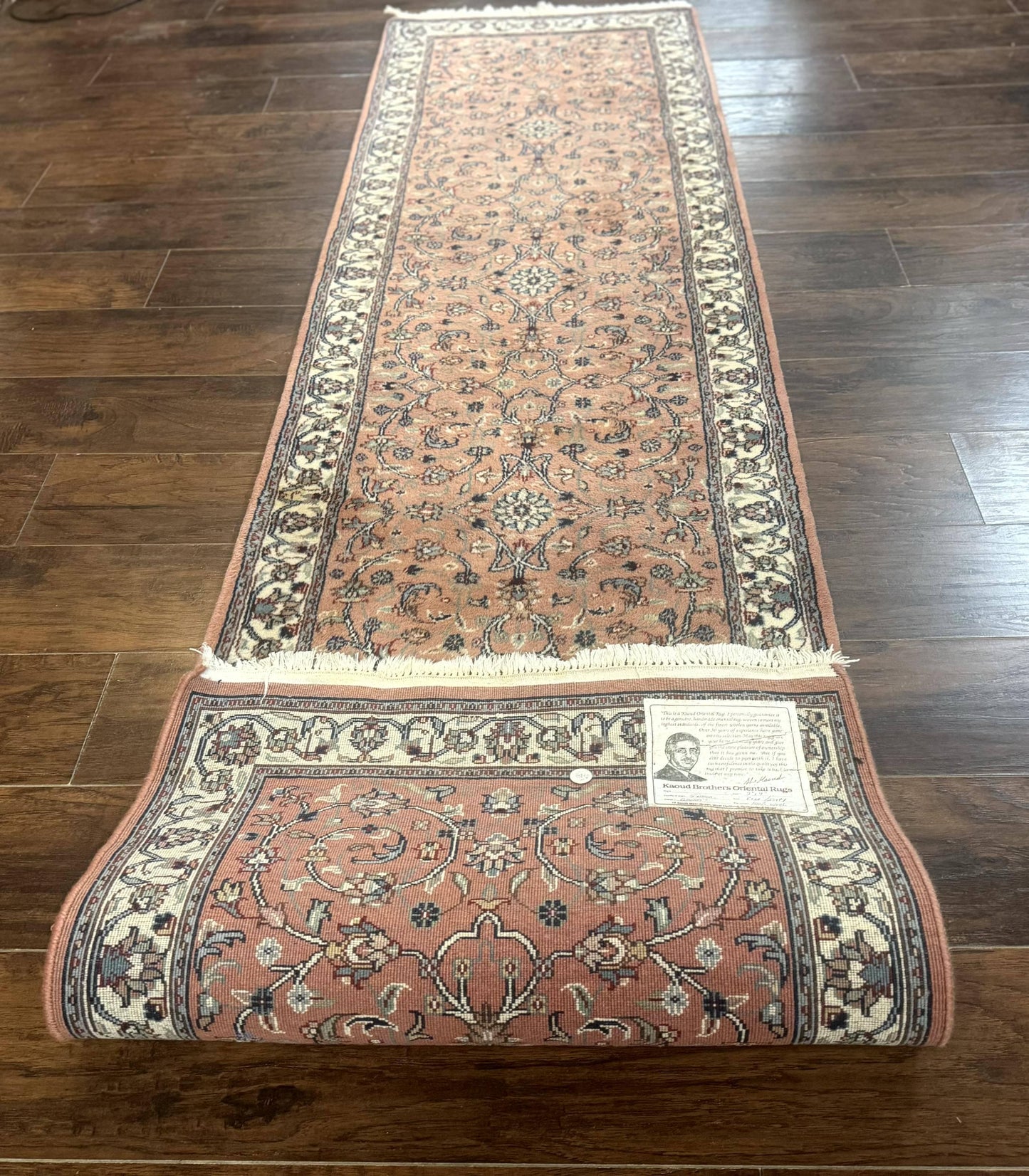 Indo Persian Runner Rug 2.6 x 10, Coral and Cream, Hand Knotted 10ft Wool Oriental Runner for Hallway or Kitchen - Nuvé