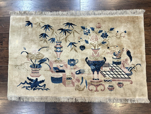 Chinese Rug 5x3, Horizontal Rug, Vases Flowers, Handmade Antique Vintage Carpet, Peking Rug, Chinese Wool Rug - Nuvé