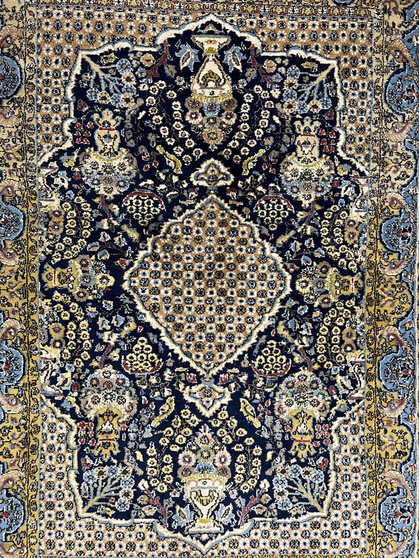 Fine Persian Qum Rug 3x5, Semi Antique Vintage Oriental Ghom Carpet, Floral Medallion, Highly Detailed, Hand Knotted, Navy Blue, Wool Area Rug, Birds - Nuvé