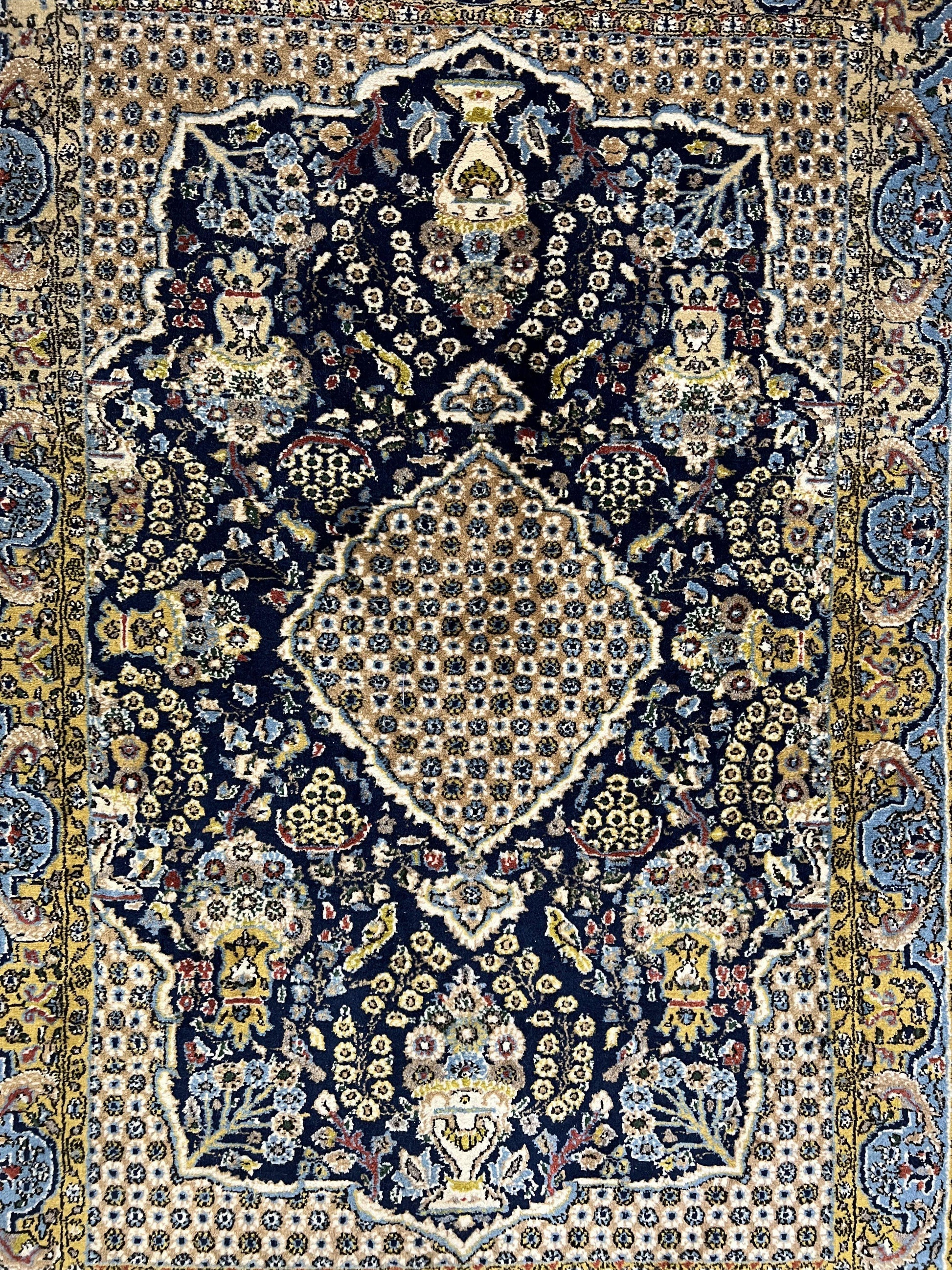Fine Persian Qum Rug 3x5, Semi Antique Vintage Oriental Ghom Carpet, Floral Medallion, Highly Detailed, Hand Knotted, Navy Blue, Wool Area Rug, Birds - Nuvé