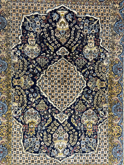 Fine Persian Qum Rug 3x5, Semi Antique Vintage Oriental Ghom Carpet, Floral Medallion, Highly Detailed, Hand Knotted, Navy Blue, Wool Area Rug, Birds - Nuvé
