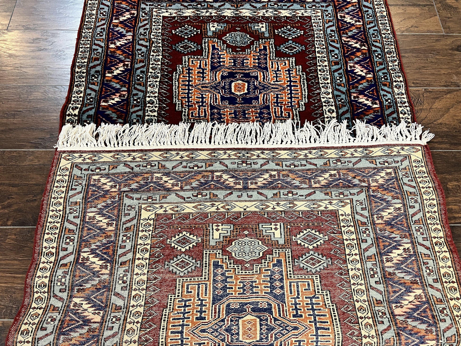 Pakistani Rug 3x5 ft, Caucasian Kazak Design, Geometric Rug, Small Vintage Oriental Carpet, Dark Red Vintage Handmade Wool Rug 3 x 5 - Nuvé