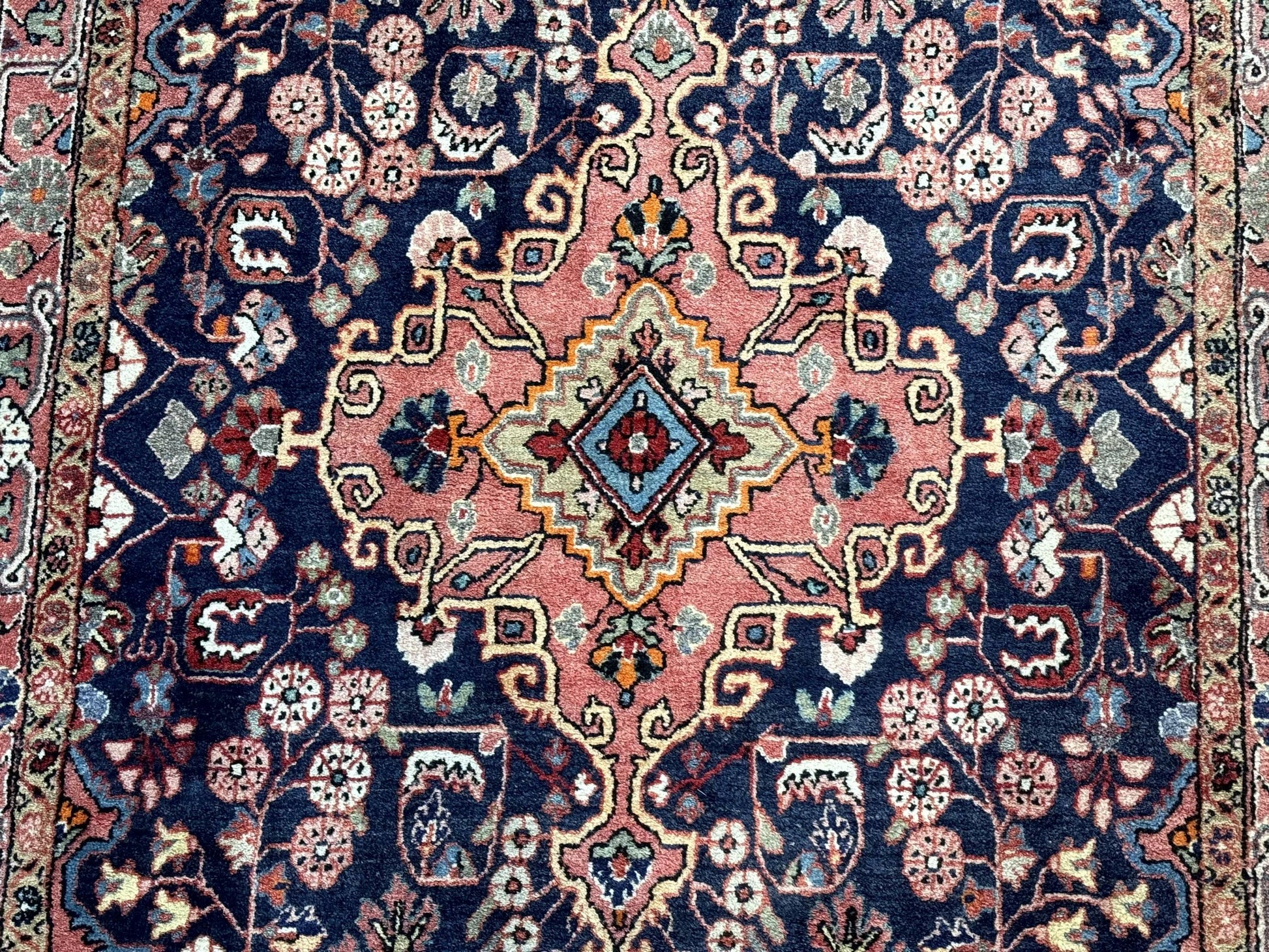 Persian Rug 3x5, Jozan Sarouk Rug, Navy Blue and Coral, Medallion Rug, Semi Antique - Nuvé