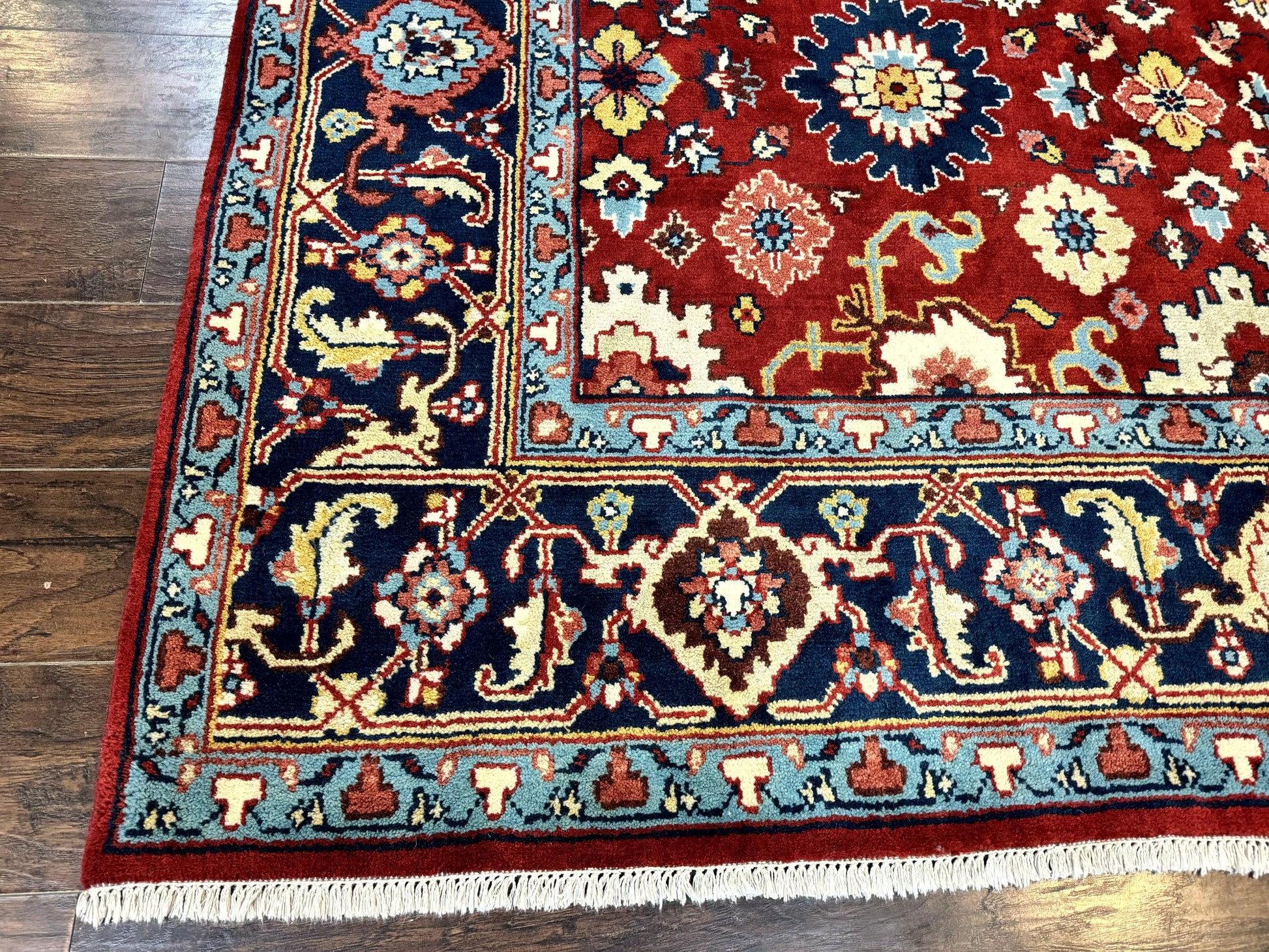 Indo Heriz Rug 8x10, Red and Navy Blue, Allover Pattern, Wool Handmade Carpet - Nuvé