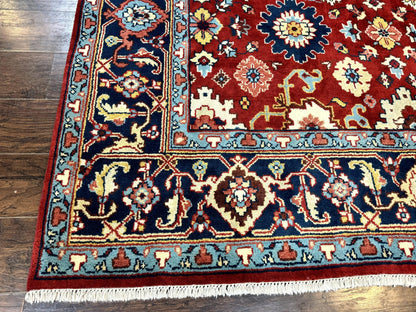Indo Heriz Rug 8x10, Red and Navy Blue, Allover Pattern, Wool Handmade Carpet - Nuvé