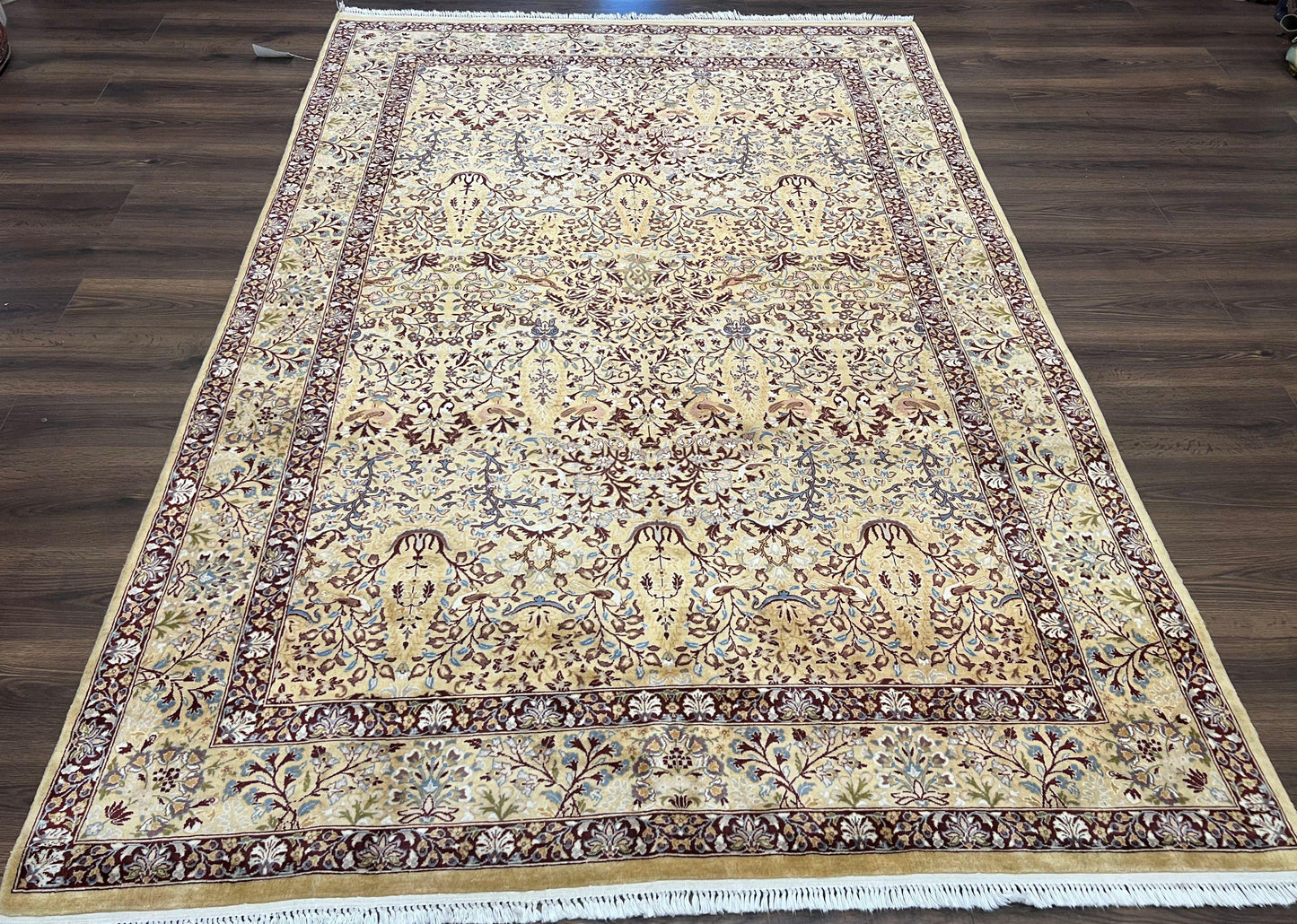 Pretty Indo Persian Rug 6x9, Allover Floral Motif with Birds, Tan/Cream, Very Fine Oriental Carpet, Hand Knotted Vintage Indian Wool Rug - Nuvé