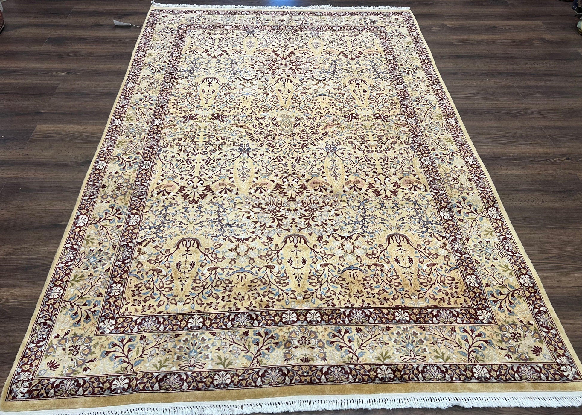 Pretty Indo Persian Rug 6x9, Allover Floral Motif with Birds, Tan/Cream, Very Fine Oriental Carpet, Hand Knotted Vintage Indian Wool Rug - Nuvé