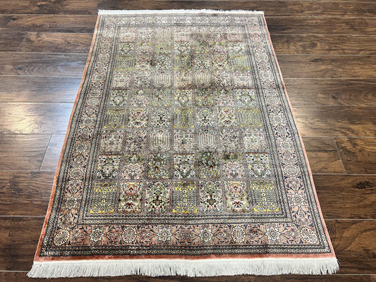 Magnificent Persian Silk Rug 3.7 x 5, Persian Qum Rug, Panel Design, Kheshti Garden, Extremely Fine 650 KPSI - 70 Raj, Hand Knotted, Vintage, Multicolor - Nuvé