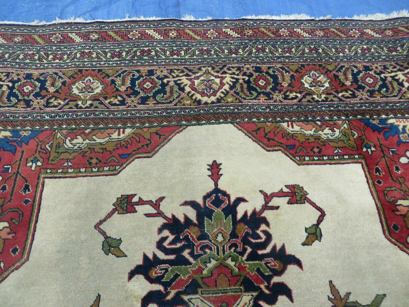 Persian Tabriz Rug 10x13 Oriental Carpet, Ivory Open Field, Geometric Medallion, Red Blue, Hand Knotted, Large Wool Area Rug Vintage Antique 1950s - Nuvé