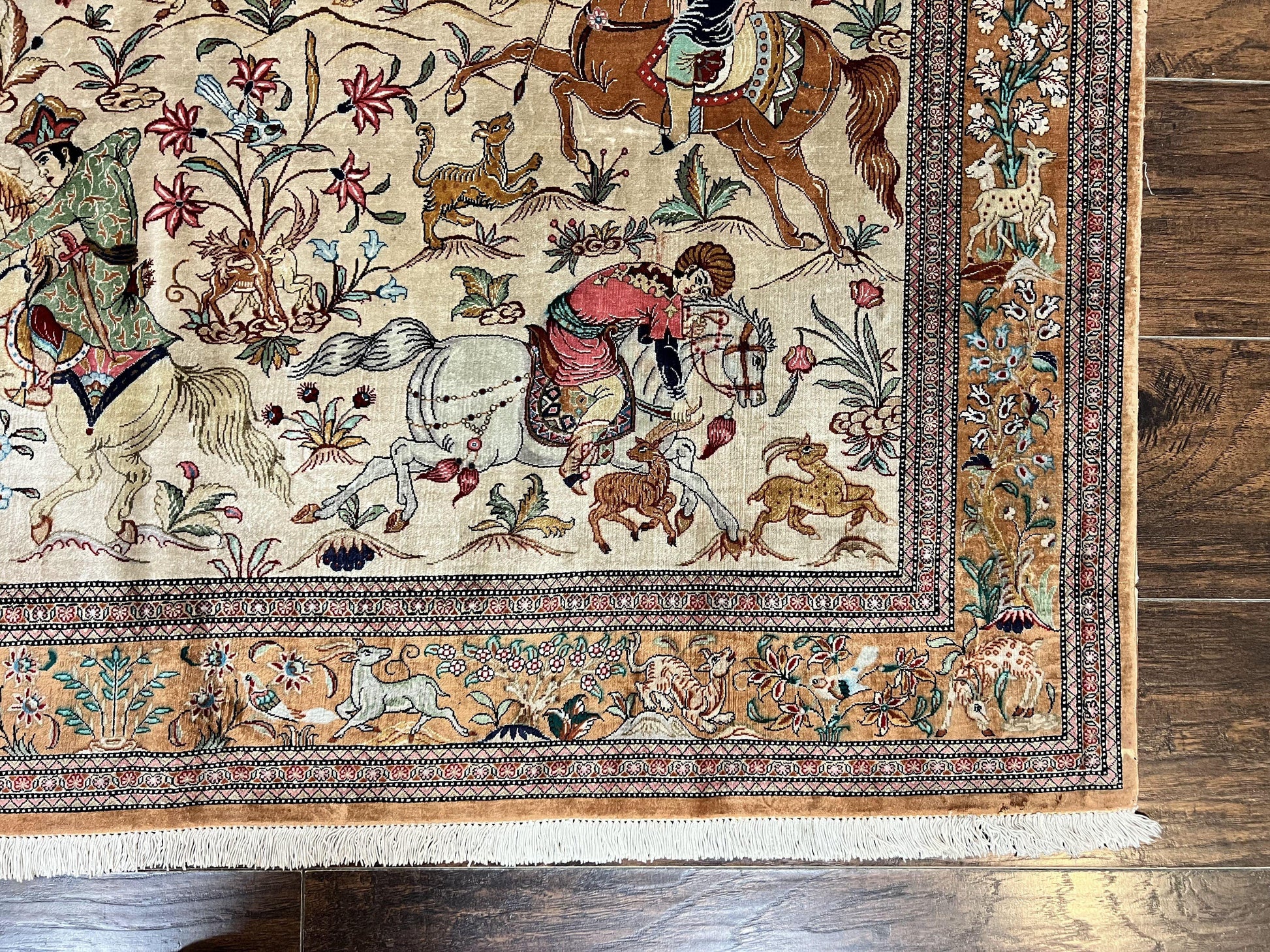 Silk Persian Qum Rug 3x5, Hunting Pattern, Handmade Vintage Carpet, Signed by Master Weaver, Horsemen Pictorials, Super Fine 650 KPSI - Nuvé