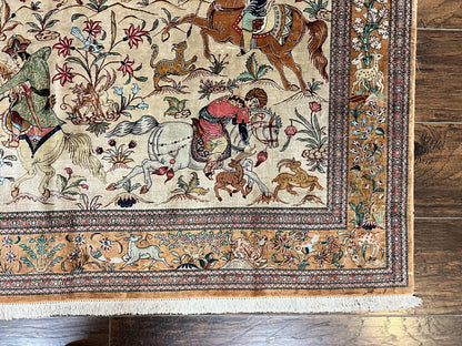 Silk Persian Qum Rug 3x5, Hunting Pattern, Handmade Vintage Carpet, Signed by Master Weaver, Horsemen Pictorials, Super Fine 650 KPSI - Nuvé