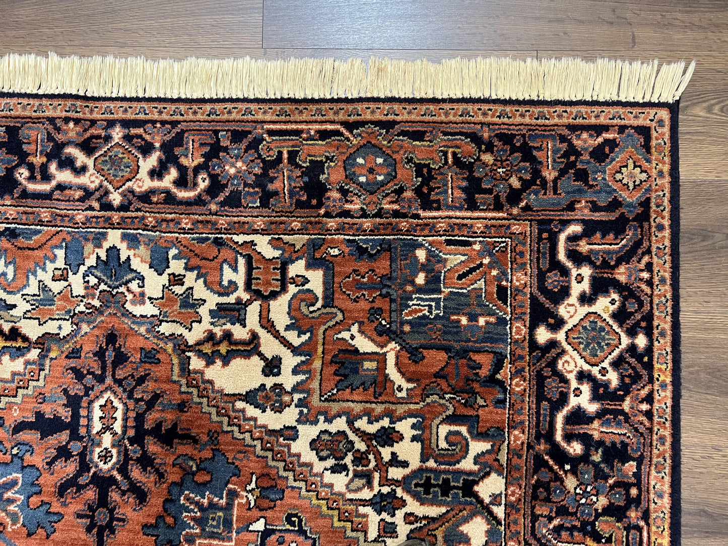 Heriz Rug 5.6 x 8, Geometric Medallion, Wool Oriental Carpet, Tribal Boho Rug, Red Navy Blue Cream, Belgium Power Loomed Rug, Medium Sized - Nuvé