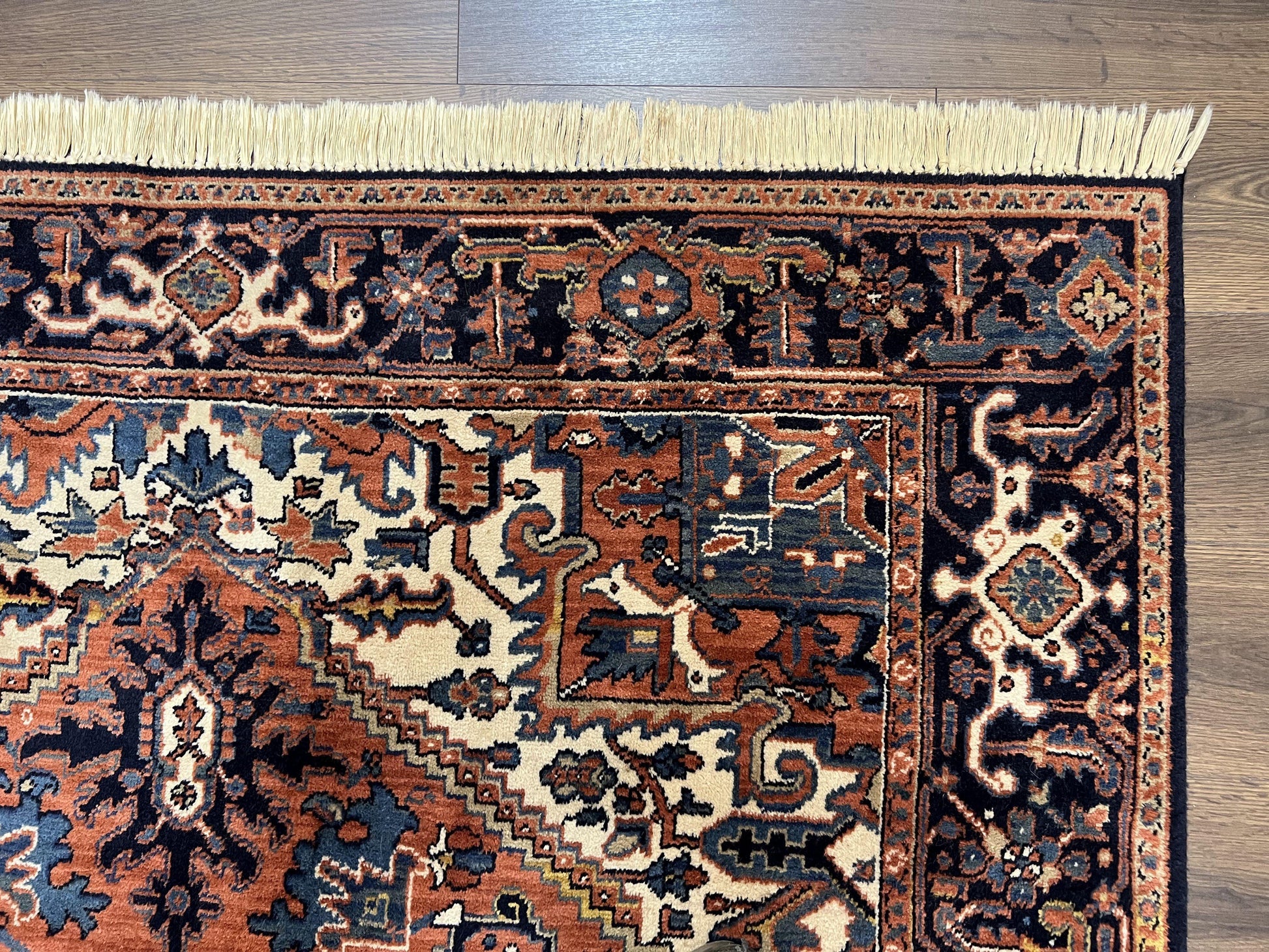 Heriz Rug 5.6 x 8, Geometric Medallion, Wool Oriental Carpet, Tribal Boho Rug, Red Navy Blue Cream, Belgium Power Loomed Rug, Medium Sized - Nuvé