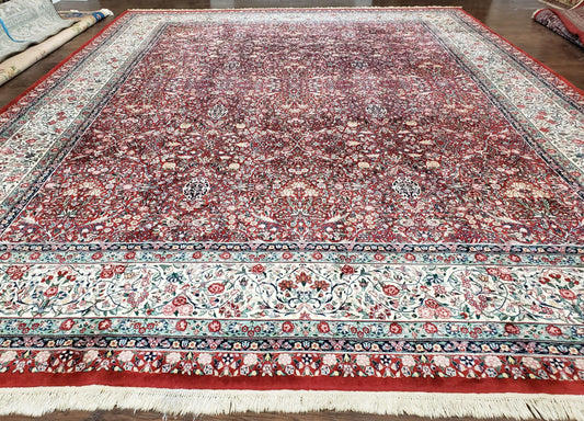 Oversized Pak Persian Rug 11x15, Large Wool Palace Carpet, Red and Ivory, Millefleur Allover Floral Pattern, Vintage Handmade Oriental Rug - Nuvé