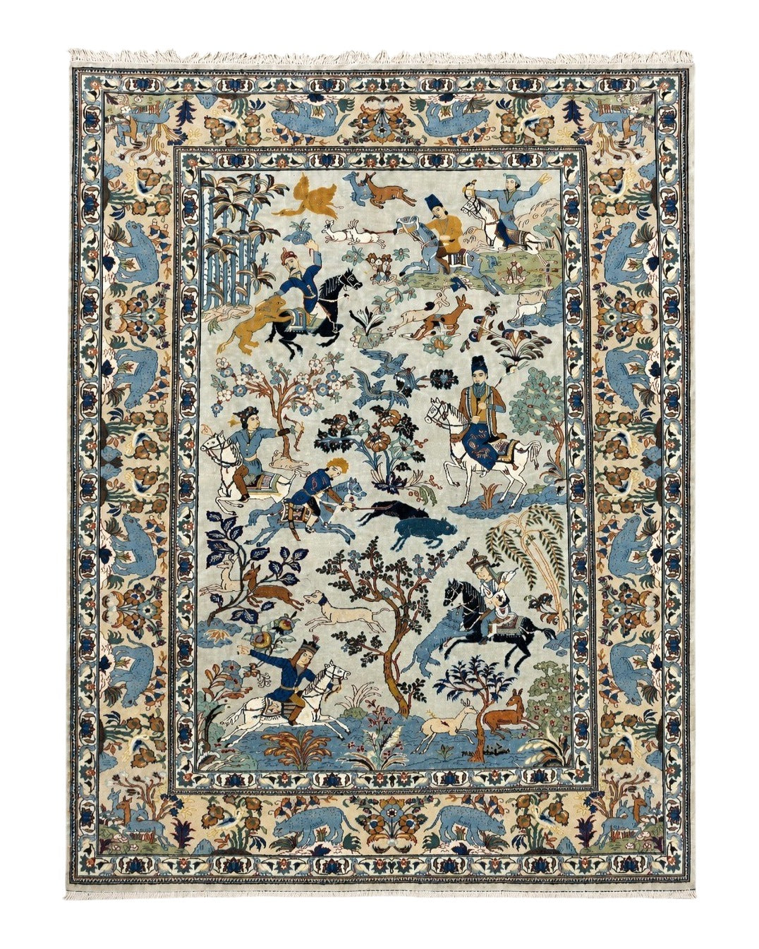 Persian Kashan Pictorial Rug 4.6 x 7, Hunting Scene, Signed by Masterweaver, Animal Pictorials, Rare, Handmade, Wool, Vintage, Very Fine