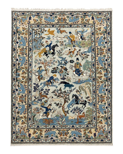 Persian Kashan Pictorial Rug 4.6 x 7, Hunting Scene, Signed by Masterweaver, Animal Pictorials, Rare, Handmade, Wool, Vintage, Very Fine