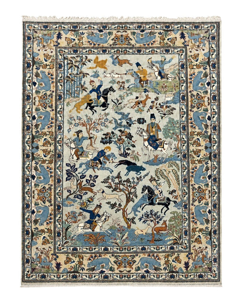 Persian Kashan Pictorial Rug 4.6 x 7, Hunting Scene, Signed by Masterweaver, Animal Pictorials, Rare, Handmade, Wool, Vintage, Very Fine
