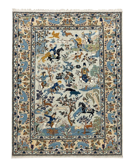 Persian Kashan Pictorial Rug 4.6 x 7, Hunting Scene, Signed by Masterweaver, Animal Pictorials, Rare, Handmade, Wool, Vintage, Very Fine