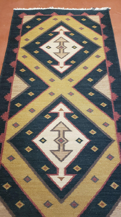 Vintage Indian Kilim Runner Rug, Geometric Flatweave Hand-Knotted Wool Kitchen Hallway Runner, Black Gold & Beige, 2' 8" x 9' 9" - Nuvé