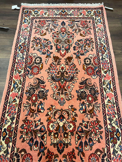 Persian Runner Rug 2.9 x 13.6, Semi Antique Vintage Persian Sarouk Hallway Rug, Wool Oriental Runner, Salmon and Cream, Floral Allover Hand Knotted - Nuvé