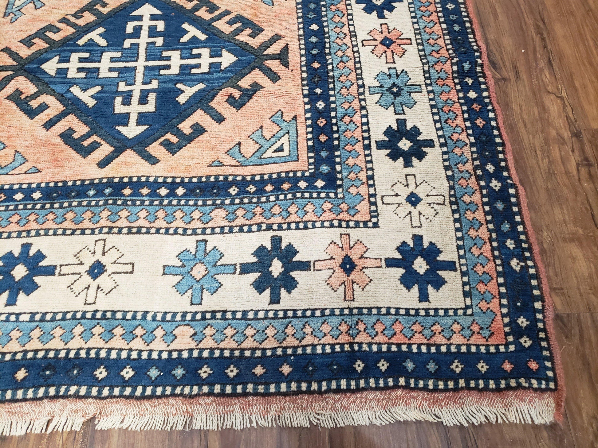 Turkish Kazak Rug 5x8 ft, Bold Geometric Bohemian Carpet, Blue and Ivory Hand Knotted Area Rug, Medium Sized High Quality Wool Oriental Rug - Nuvé