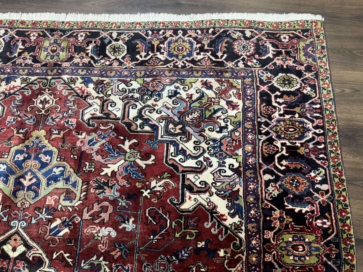 Antique Persian Heriz Rug 8x11, Geometric Tribal Wool Carpet, Brick Red