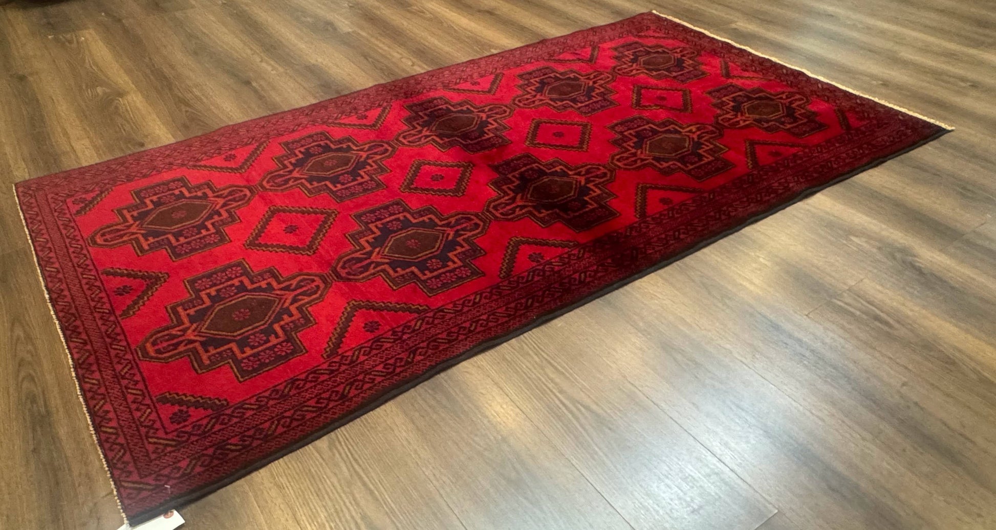 Afghan Rug 4x7, Tribal Carpet, Balouch Rug, Red and Navy Blue, Repeated Medallions, New - Nuvé