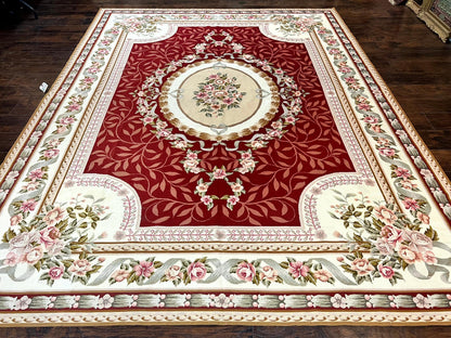 Wonderful Aubusson Rug 9x12, Handmade Vintage Needlepoint Carpet, Red and Ivory, Elegant European Design, Wool - Nuvé
