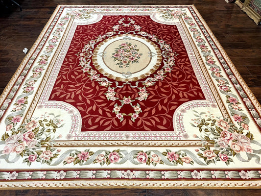 Wonderful Aubusson Rug 9x12, Handmade Vintage Needlepoint Carpet, Red and Ivory, Elegant European Design, Wool - Nuvé