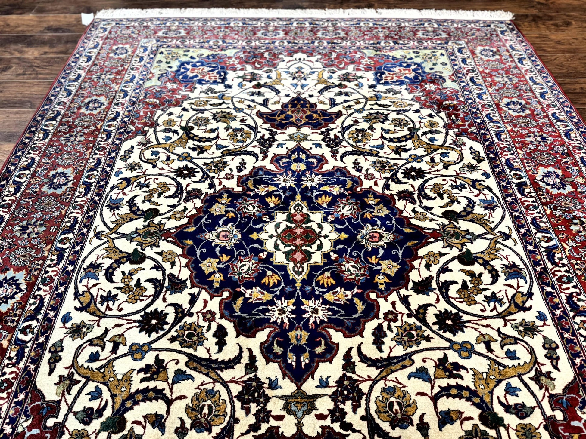 Wonderful Persian Isfahan Rug 7x9, Ivory Navy Blue Red, Floral Medallion, Very Finely Hand Knotted 260 KPSI, Handmade Wool Vintage Rug - Nuvé