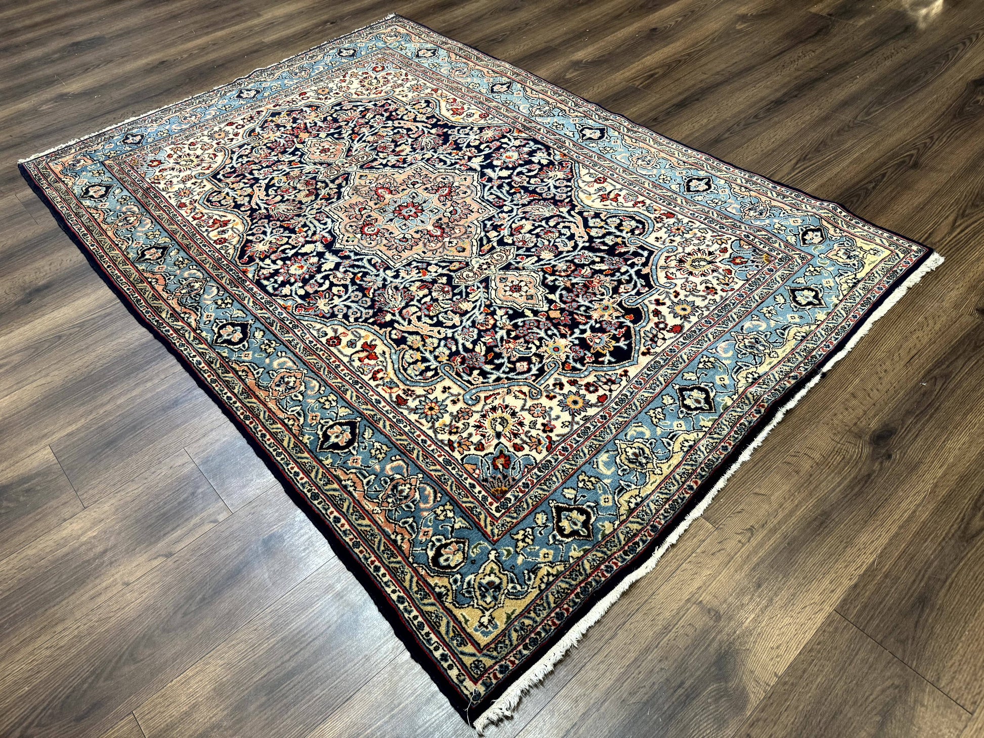 Persian Qum Rug 5x7 in Navy Light Blue and Ivory, Wool wilh Silk Highlights, 225 KPSI - Nuvé