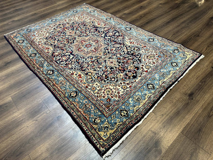 Persian Qum Rug 5x7 in Navy Light Blue and Ivory, Wool wilh Silk Highlights, 225 KPSI - Nuvé