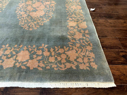 Teal Chinese Wool Rug 6x8, Vintage Handmade Carpet, Floral, Semi Open Field - Nuvé