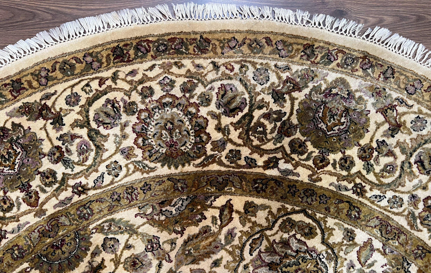 Round Indo Persian Rug 8x8 ft, Large Hand Knotted Vintage Wool Circular Carpet, 8ft Round Oriental Rug, Floral Medallion, Cream and Green - Nuvé