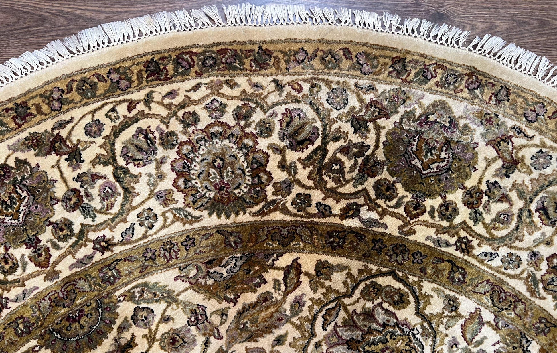 Round Indo Persian Rug 8x8 ft, Large Hand Knotted Vintage Wool Circular Carpet, 8ft Round Oriental Rug, Floral Medallion, Cream and Green - Nuvé