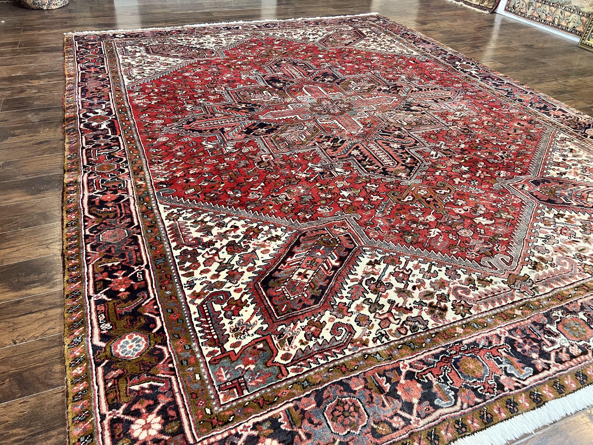 Large Persian Heriz Rug 10x13, Wool Hand Knotted Antique Carpet, Red and Ivory, Geometric Tribal Room Sized Rug, Decorative Oriental Rug - Nuvé