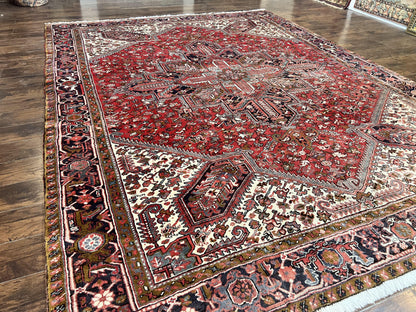 Large Persian Heriz Rug 10x13, Wool Hand Knotted Antique Carpet, Red and Ivory, Geometric Tribal Room Sized Rug, Decorative Oriental Rug