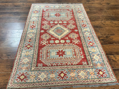 Turkish Kazak Rug 4x6, Handmade Vintage Wool Carpet, Geometric Design, Red and Light Blue - Nuvé
