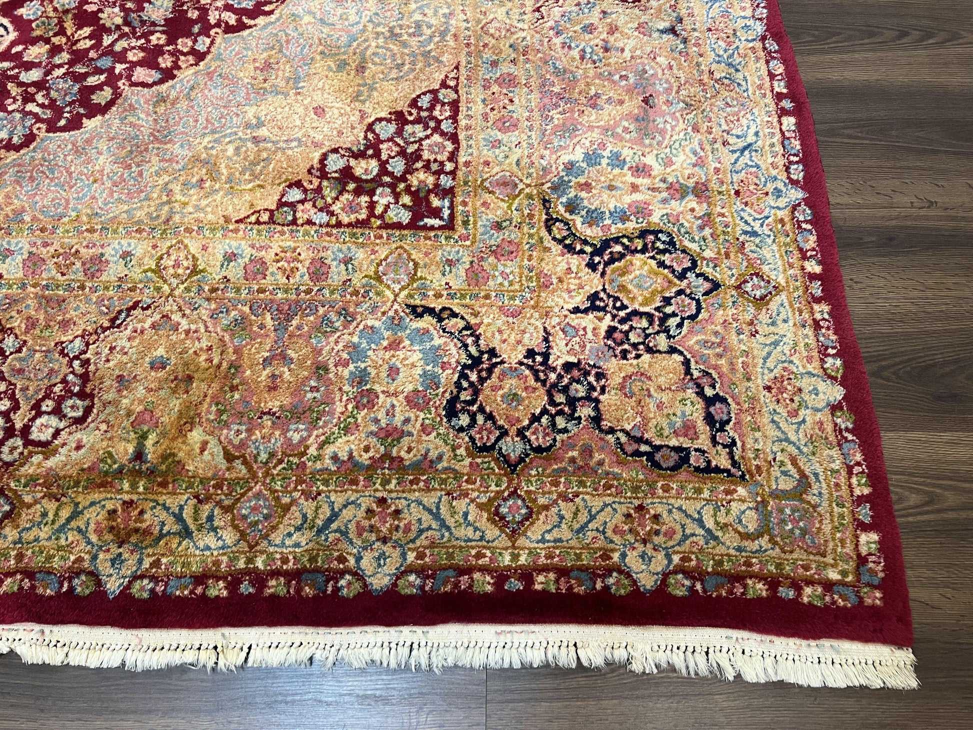 Persian Rug 9x12, Kirman DeLuxe, Millefleur Floral Medallion Carpet, Maroon Light Blue Beige, Semi Antique Authentic Hand Knotted Wool Rug - Nuvé