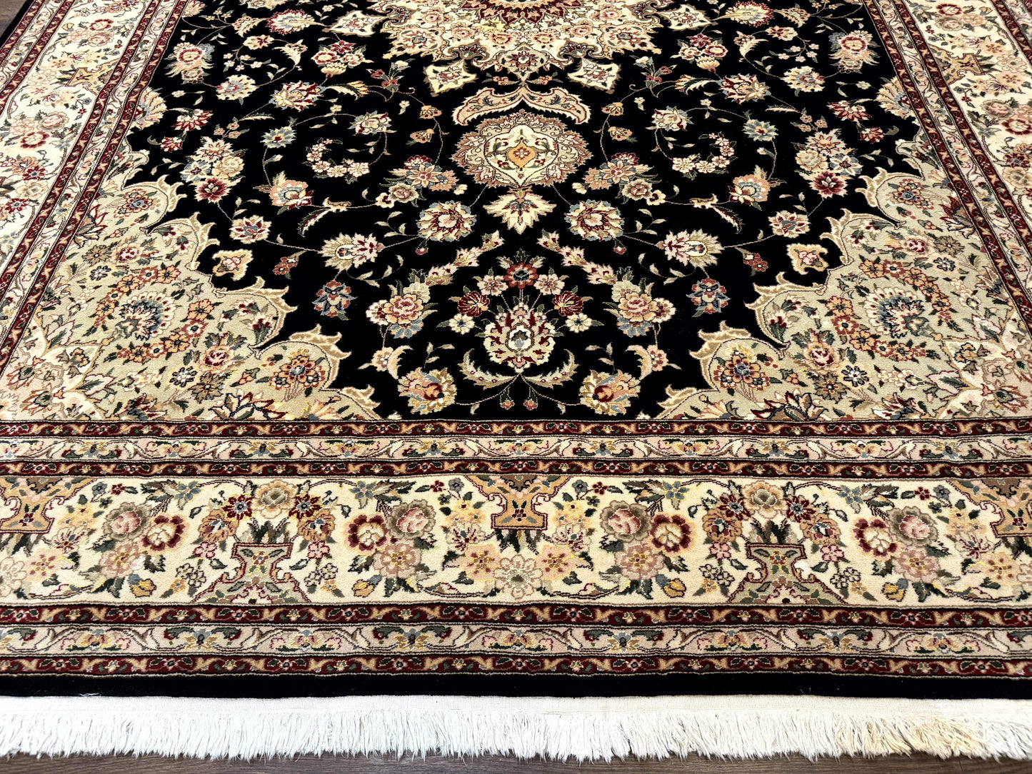 Sino Persian Rug 9x12, Black and Beige, Floral Medallion, Wool & Silk, Handmade - Nuvé