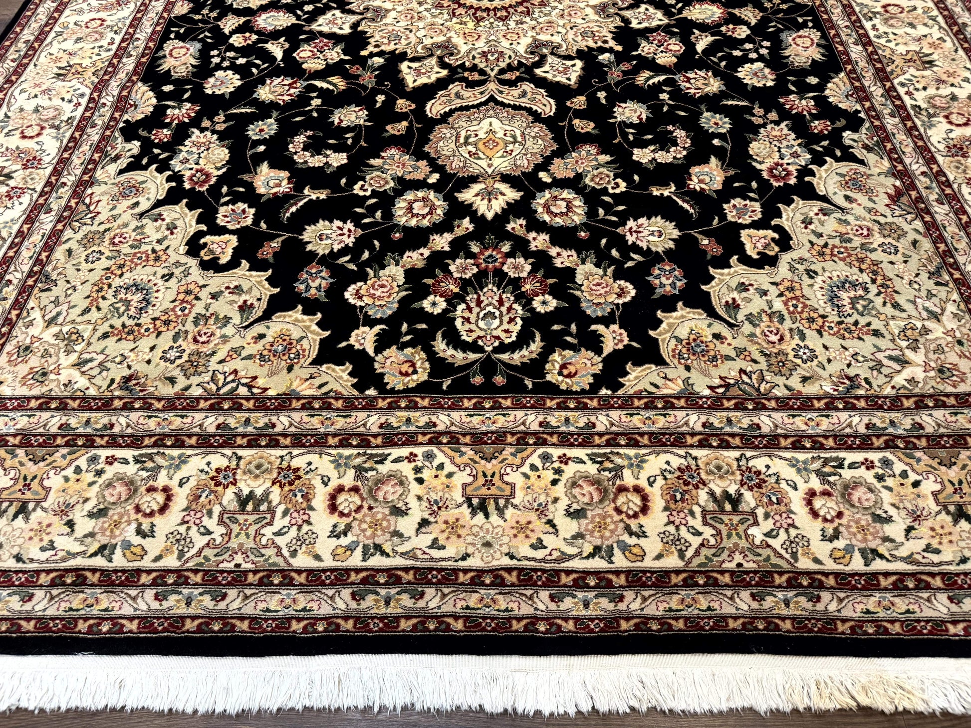 Sino Persian Rug 9x12, Black and Beige, Floral Medallion, Wool & Silk, Handmade - Nuvé