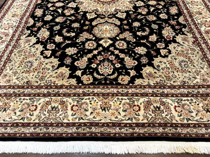 Sino Persian Rug 9x12, Black and Beige, Floral Medallion, Wool & Silk, Handmade - Nuvé